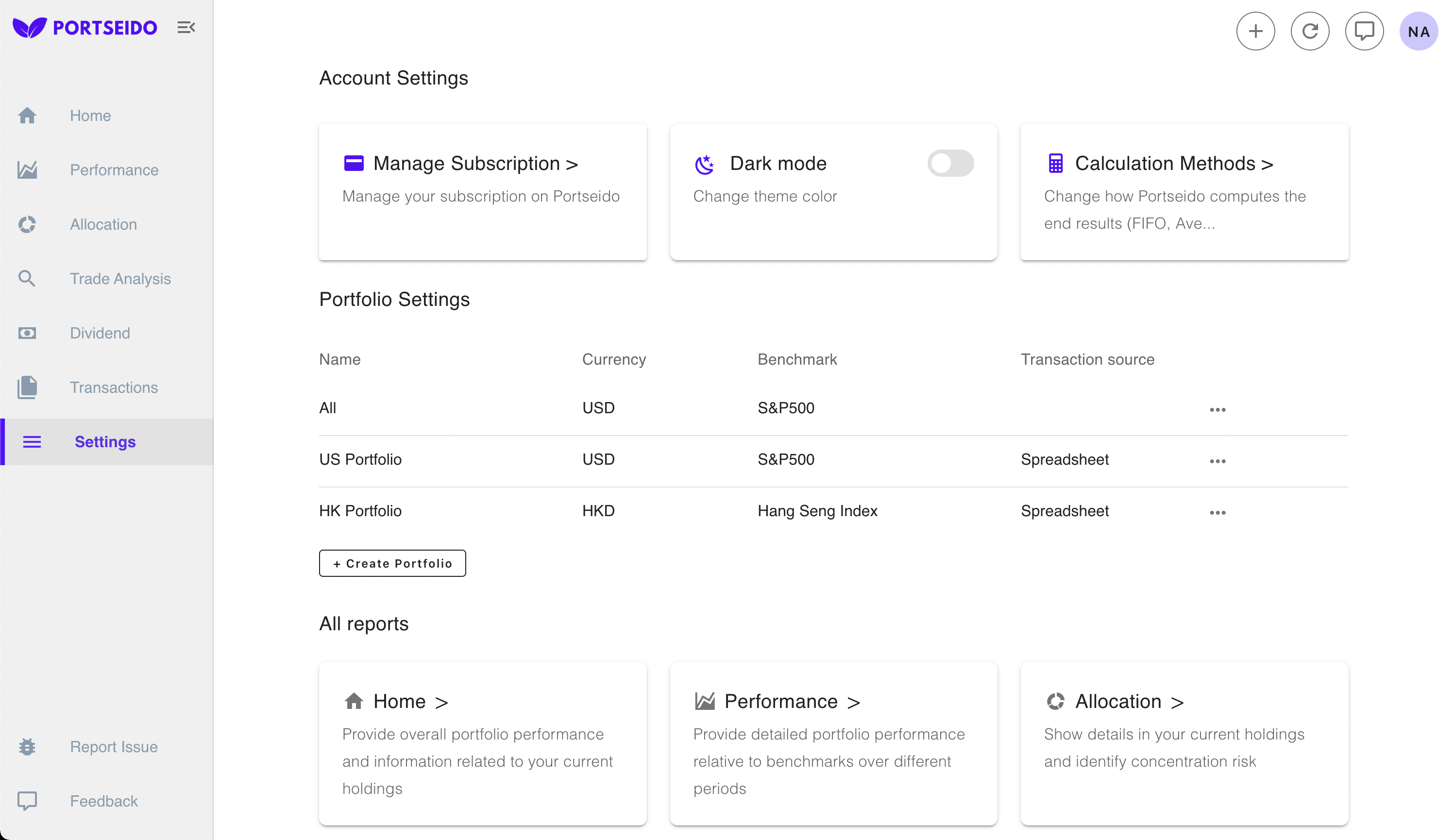 Portseido Settings page