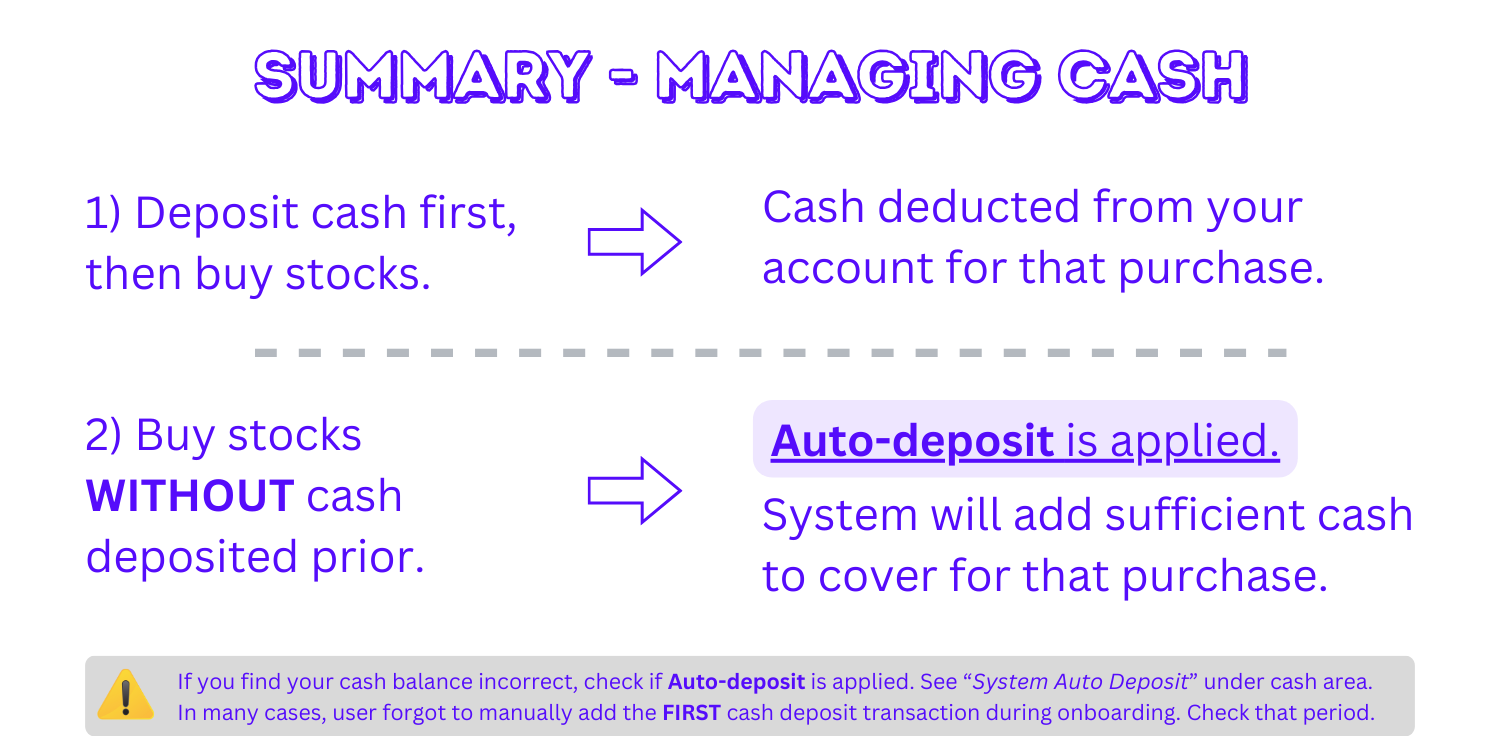 Manage Cash on Portseido Summary